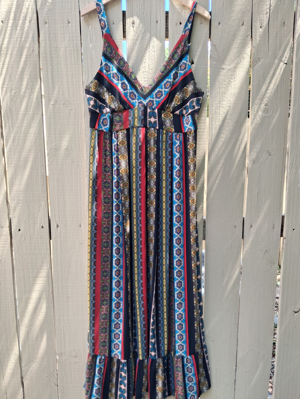 T Tahari Multicolor Paisley & Stripe Midi Dress in Navy, Red & Teal